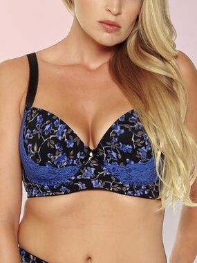 MIERSIDE Blue Floral Lace Demi Bra 36G NWOT Push Up